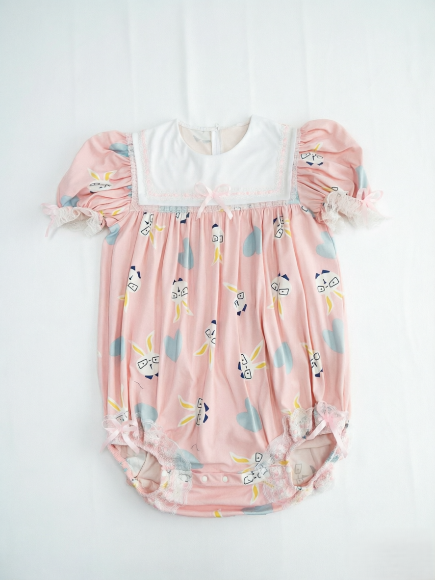 Adult Baby Sissy Romper with Lace Trim - Pink Bunny Print Playsuit for Crossdressers, Unisex Onesie for Roleplay & Cosplay