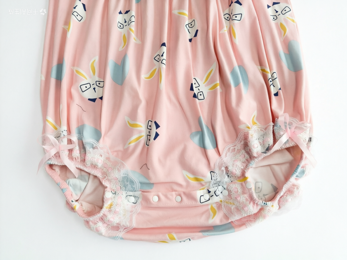 Adult Baby Sissy Romper with Lace Trim - Pink Bunny Print Playsuit for Crossdressers, Unisex Onesie for Roleplay & Cosplay